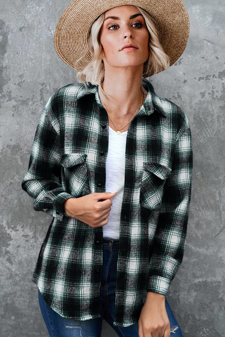 Damen Karierte Flanellbluse mit Brusttaschen und bequemer Passform WW
