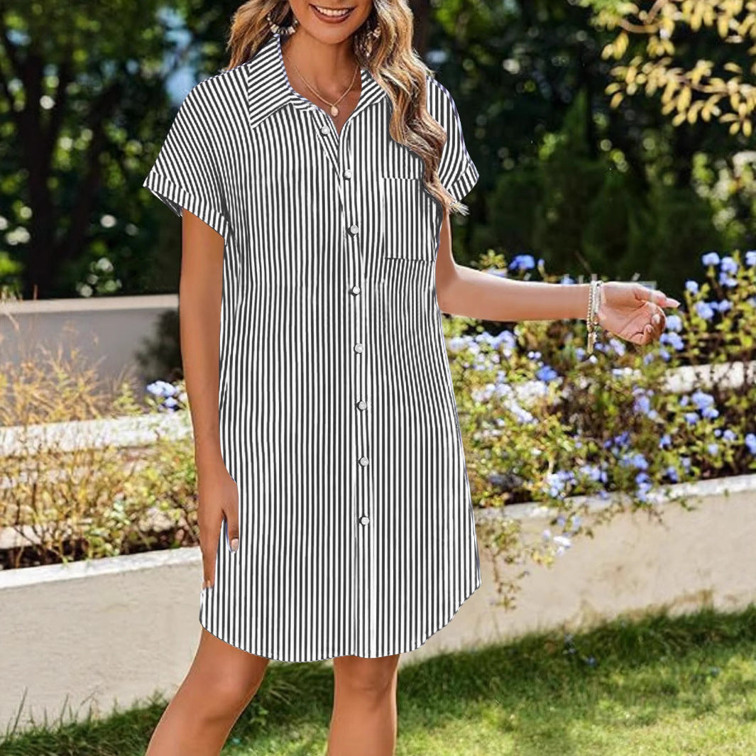 Damen Hemdblusenkleid mit Streifen und praktischer Brusttasche WW