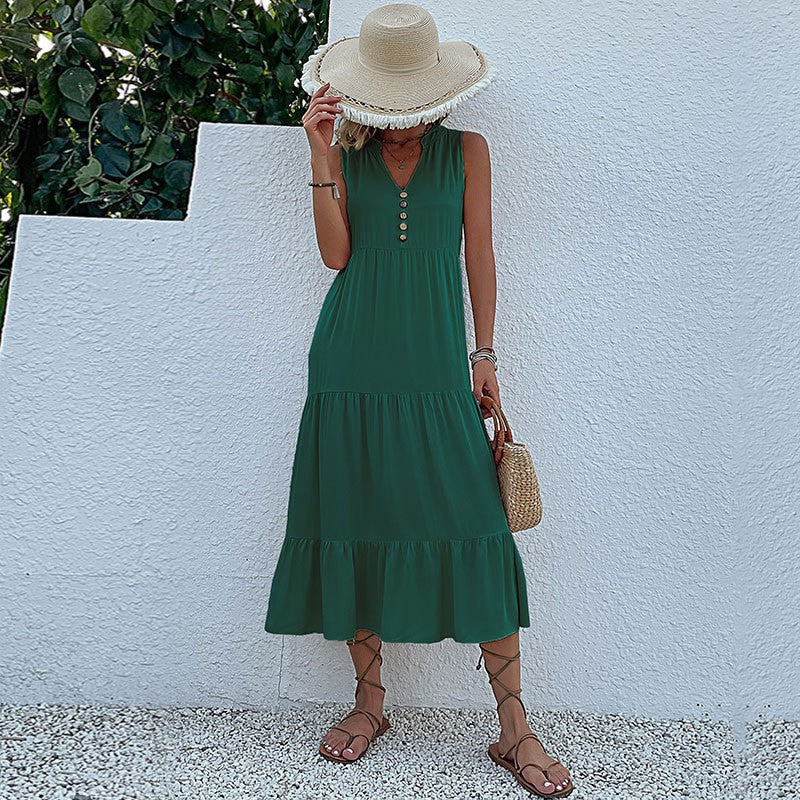 Damen Maxikleid mit Knopfdetail und voluminösem Rock WW