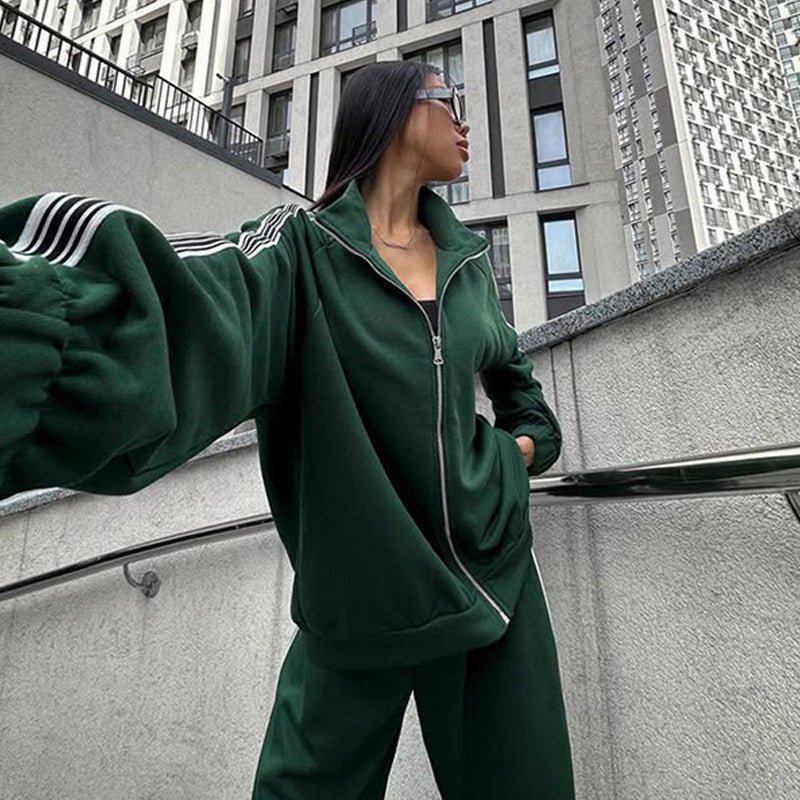 Damen sportliches Fleece-Loungewear-Set mit hohem Kragen und elastischem Bund WW