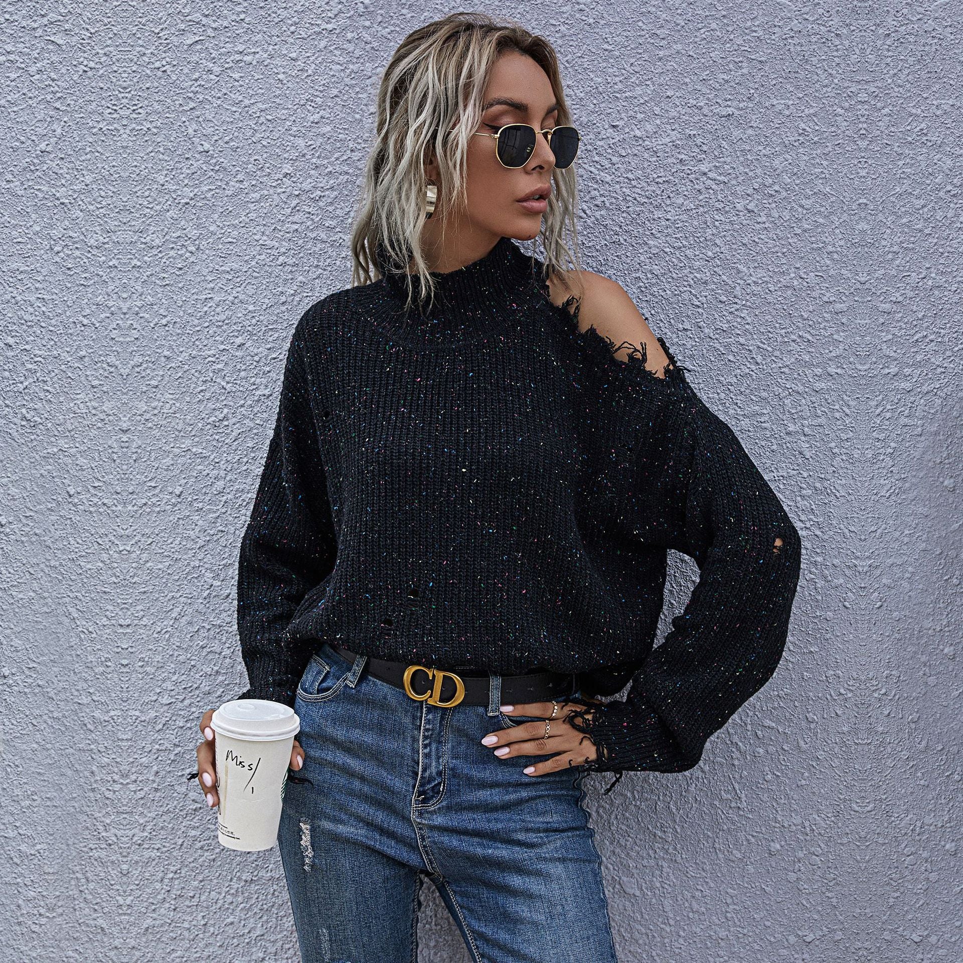 Damen Oversized Strickpullover mit Schulterfreies Design WW