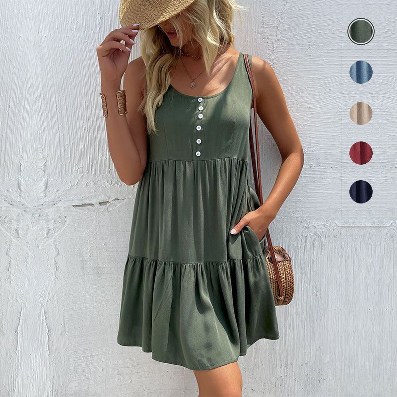 Damen Sommerliches Freizeitkleid mit Knopfdetails und Taschen WW