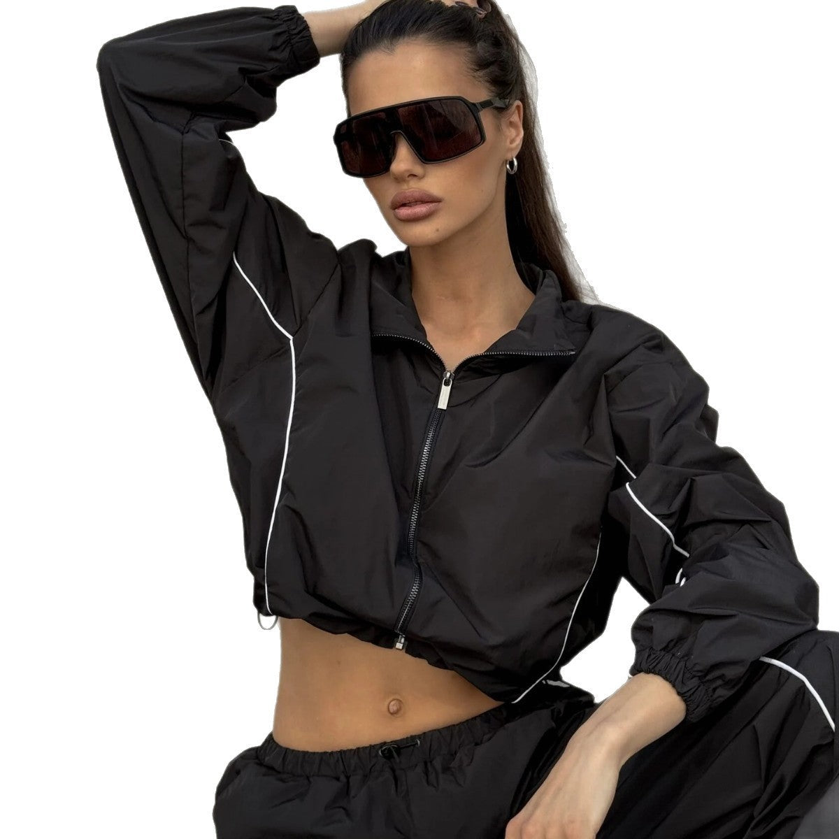 Damen sportliche Cropped Jacke mit elastischen Bündchen und praktischen Taschen WW