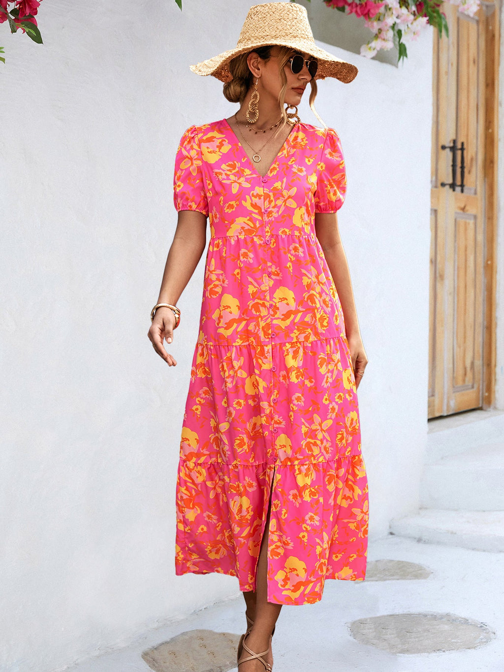 Damen Midi-Kleid mit voluminösen Puffäpfeln und floralem Design WW