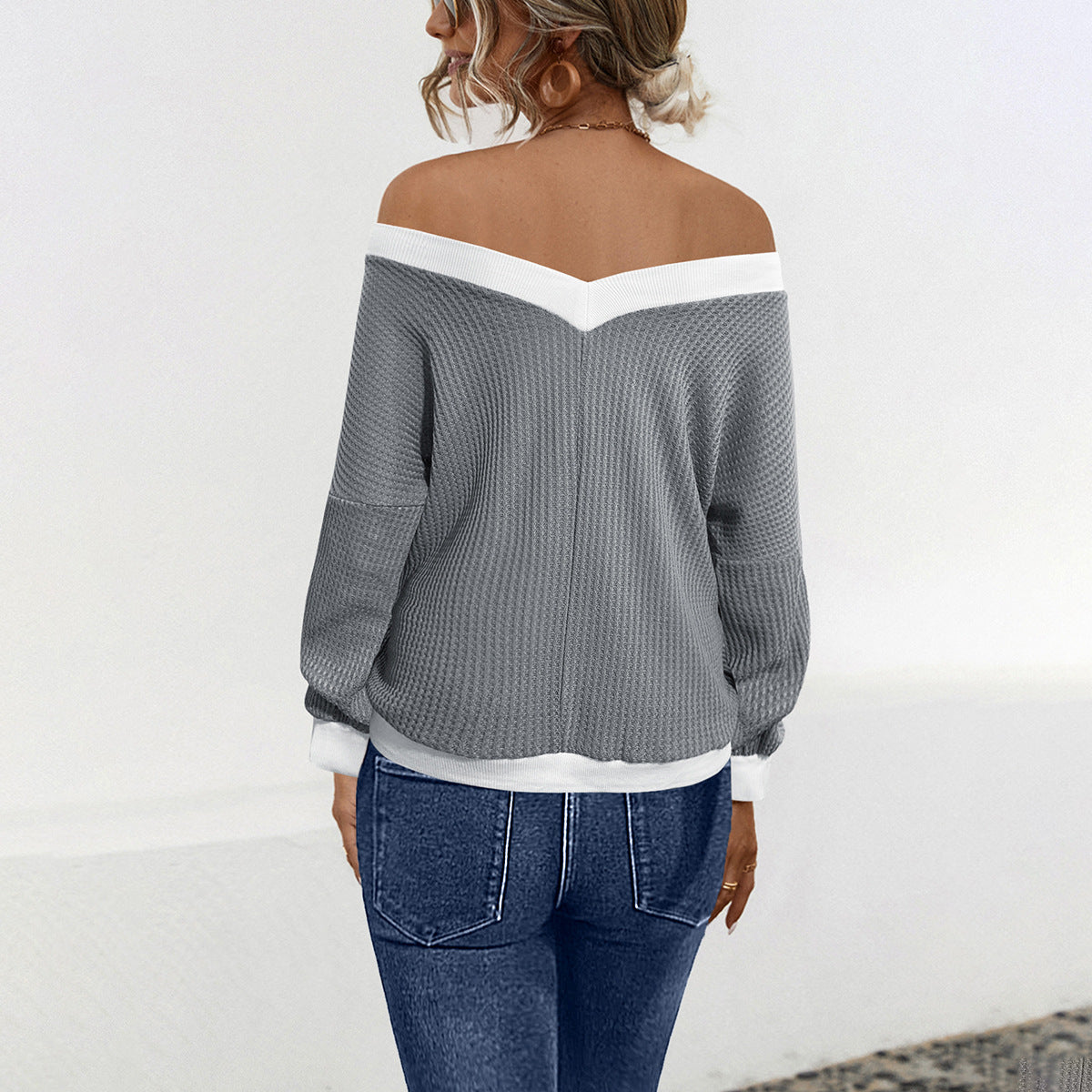 Damen Off-Shoulder Strickpullover mit Wabenstruktur WW