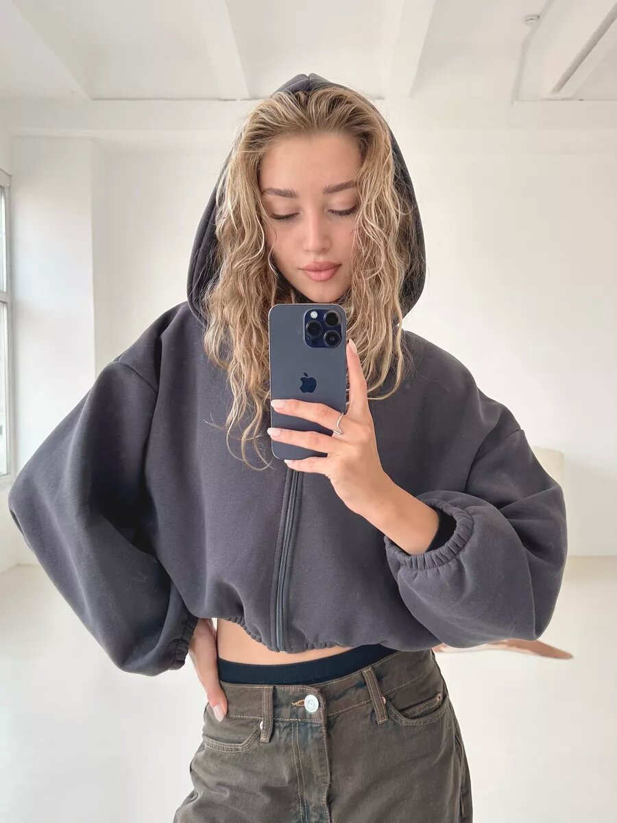 Damen cropped Kapuzenpullover mit oversized Ärmel WW