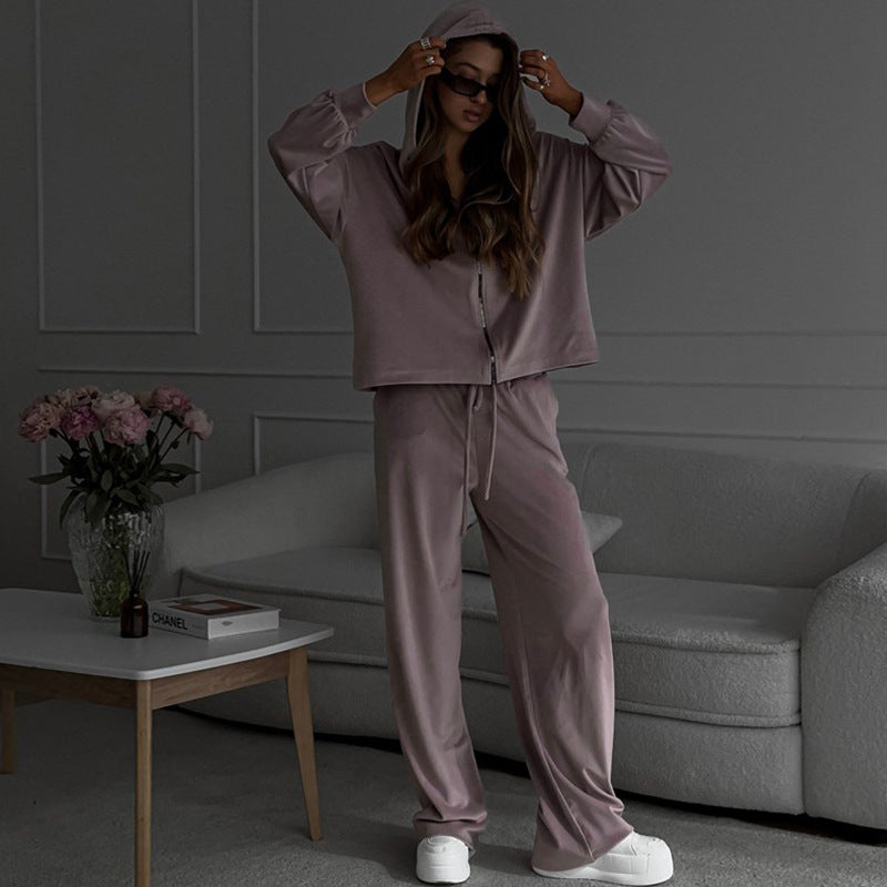 Damen sportliches Fleece-Jogginganzug mit Kapuze und weitem Schnitt WW