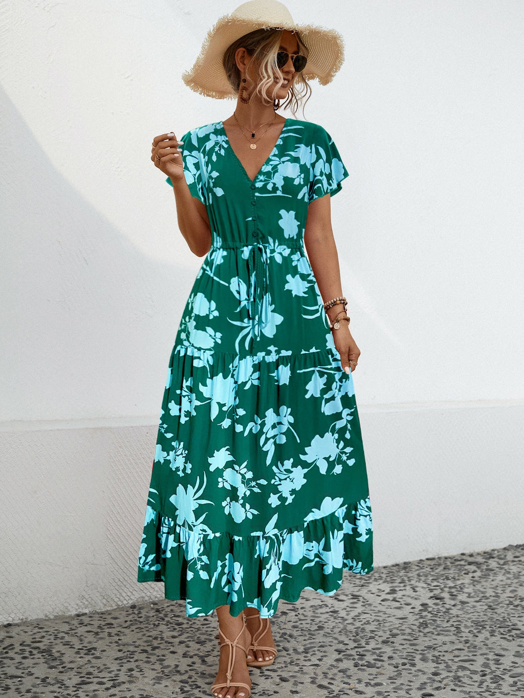 Damen Maxikleid mit vorderem Schlitz und floralem Design WW