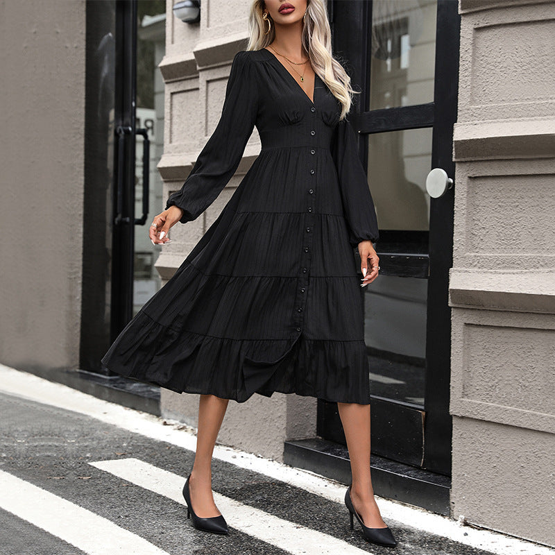 Damen Midi-Kleid mit brillantem V-Ausschnitt und eleganter Knopfleiste WW