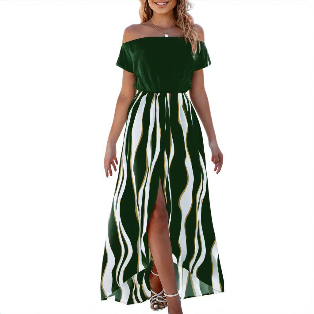 Damen Maxikleid mit schulterfreiem Design und elegante Wellenmuster WW