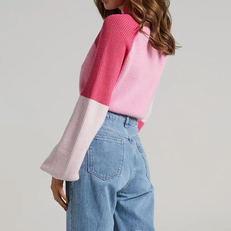 Damen Strickpullover mit weitem Arm und innovativem Farbblockdesign WW
