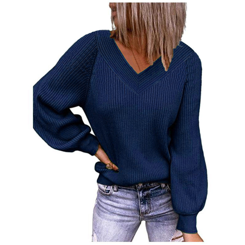 Damen Strickpullover mit V-Ausschnitt und voluminösen Ärmeln WW