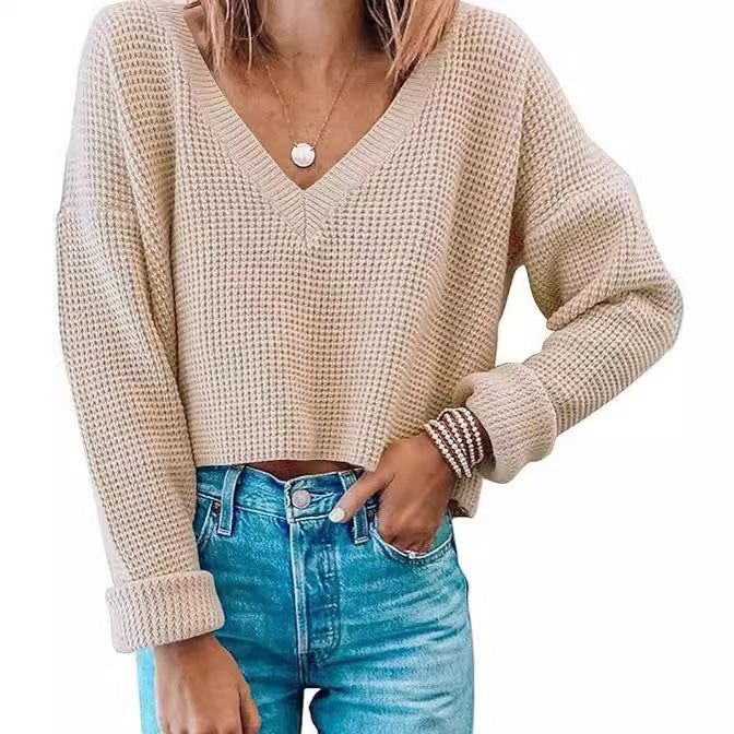 Damen modischer V-Ausschnitt Pullover im Waffelstrick WW