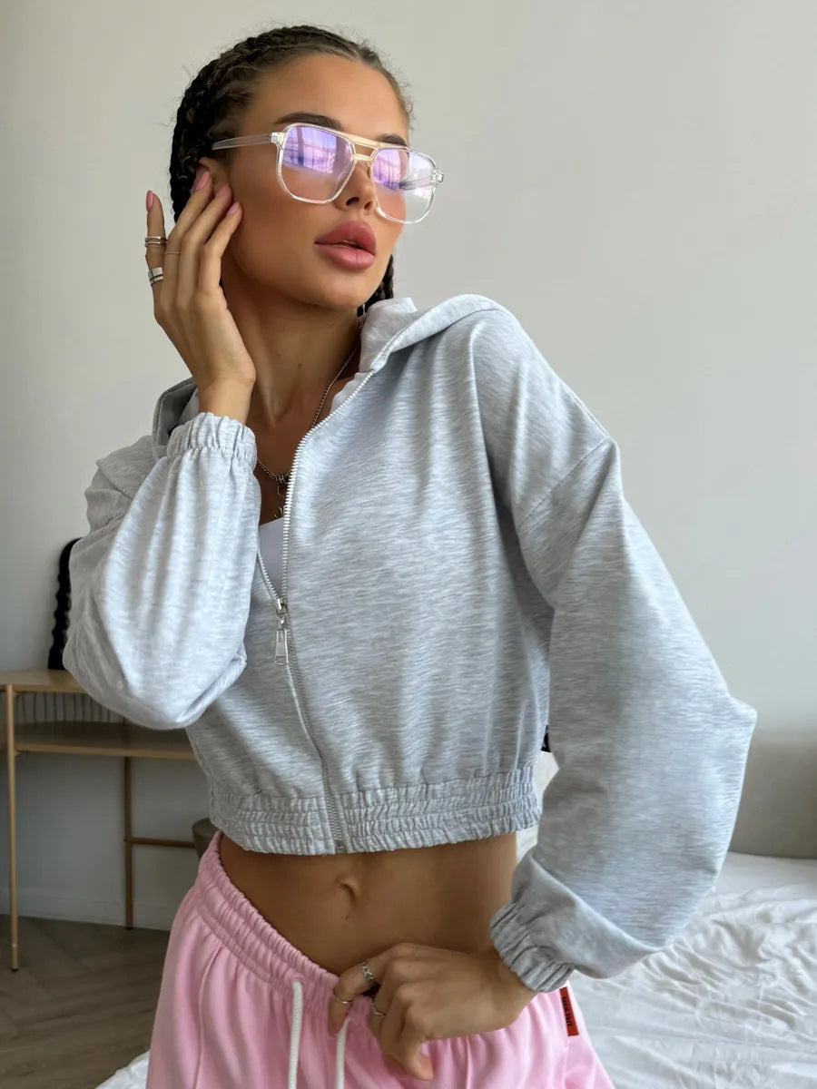 Damen lässiger Cropped Hoodie mit praktischem Reißverschluss und elastischem Bund WW
