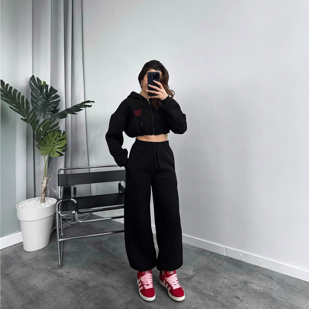 Damen lässiger Kapuzencropped-Pullover und Jogginghose Set mit hohem Bund WW