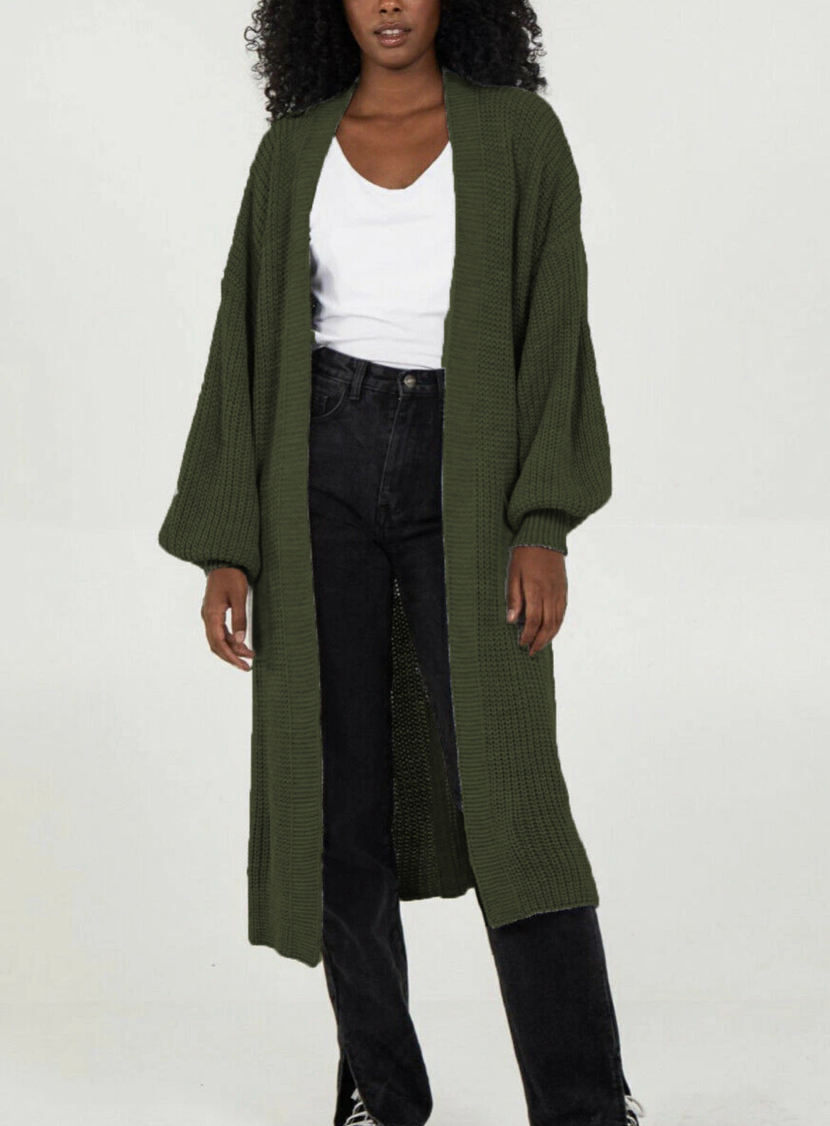 Damen Langer Strickcardigan mit voluminösen Ärmeln und offenem Schnitt WW