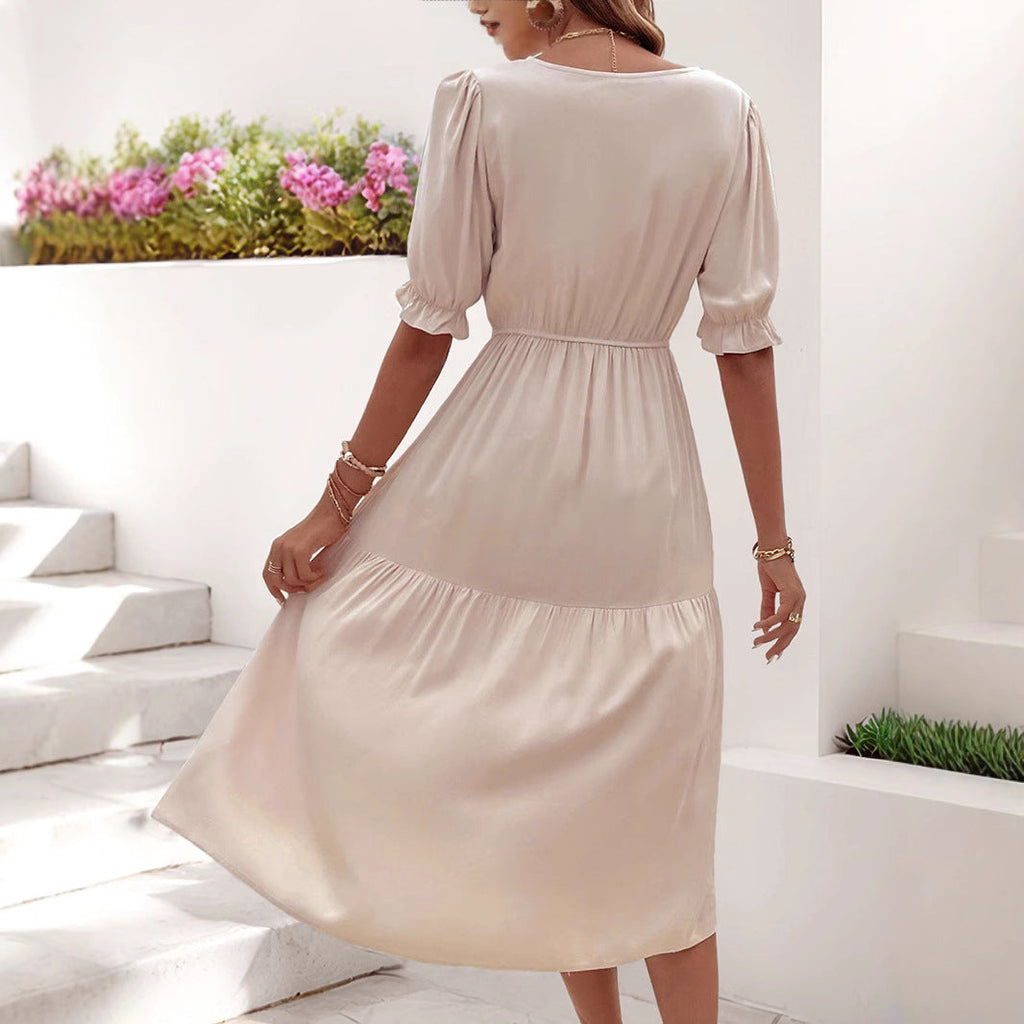 Damen Midi-Kleid mit knöpfbarem V-Ausschnitt und voluminösen Ärmeln WW