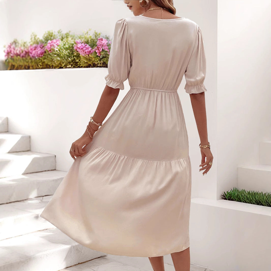 Damen Midi-Kleid mit knöpfbarem V-Ausschnitt und voluminösen Ärmeln WW