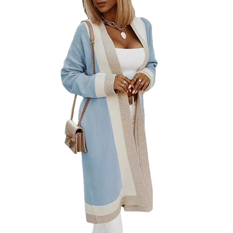 Damen lange Strickjacke mit Farbblockdesign und offenen Front WW
