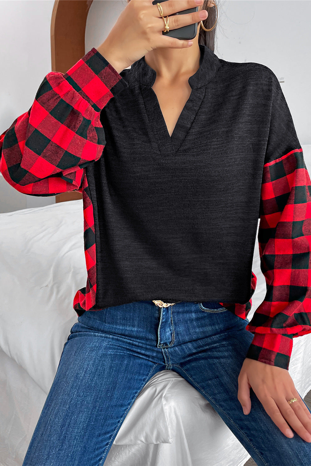 Damen Pullover mit Karomuster und modernem Stehkragen WW