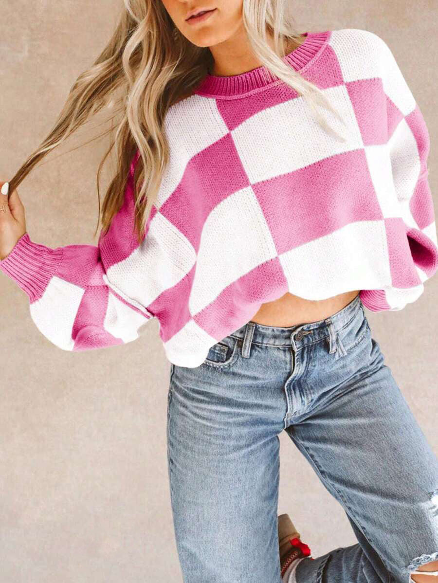 Damen modischer Pullover mit Karomuster und weitem Schnitt WW