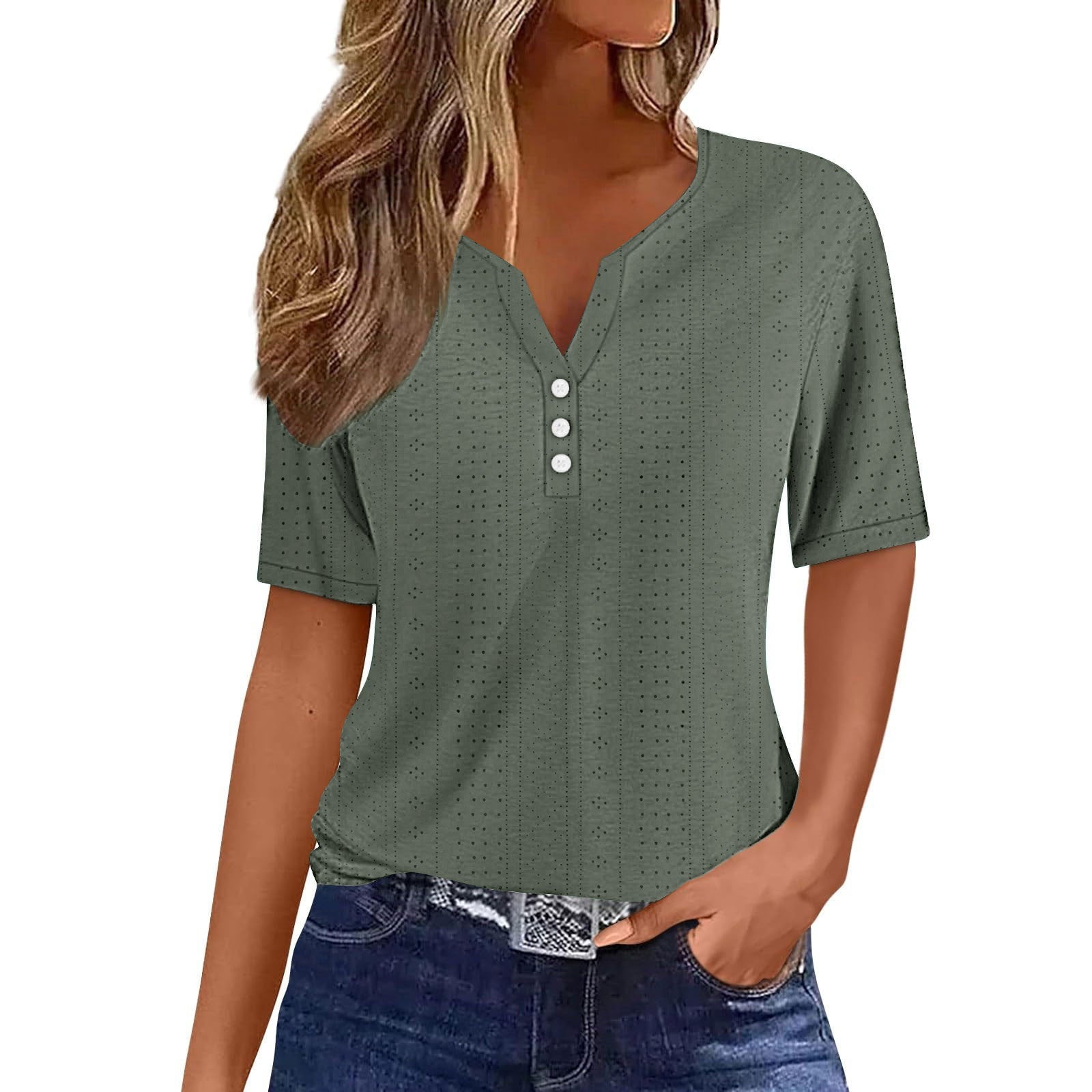 Damen Kurzarmshirt mit modischer Knopfleiste und Struktur WW