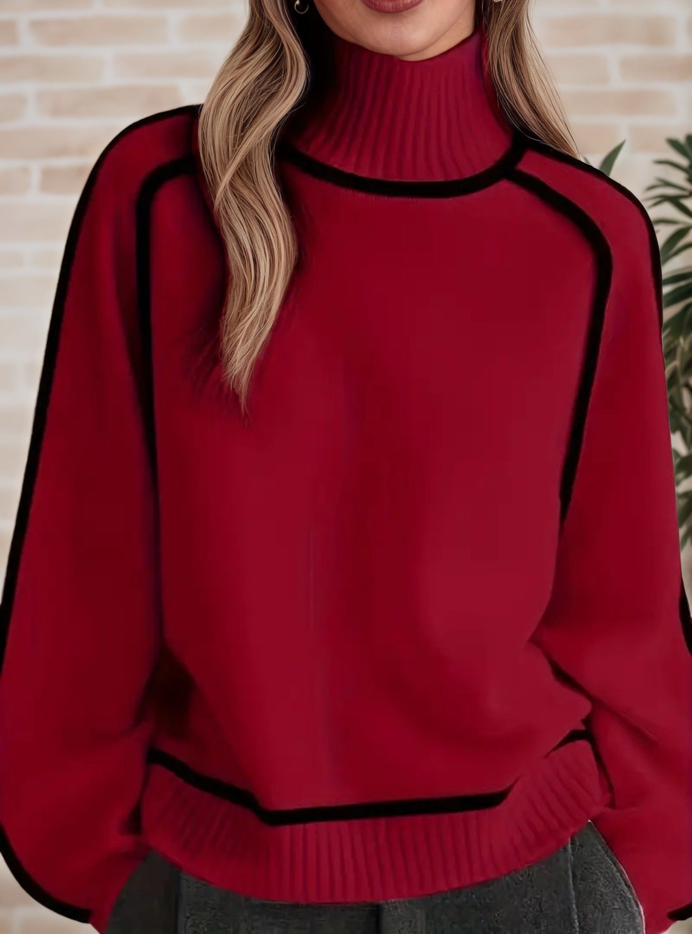 Damen Pullover mit hohem Kragen und Volumenärmeln WW