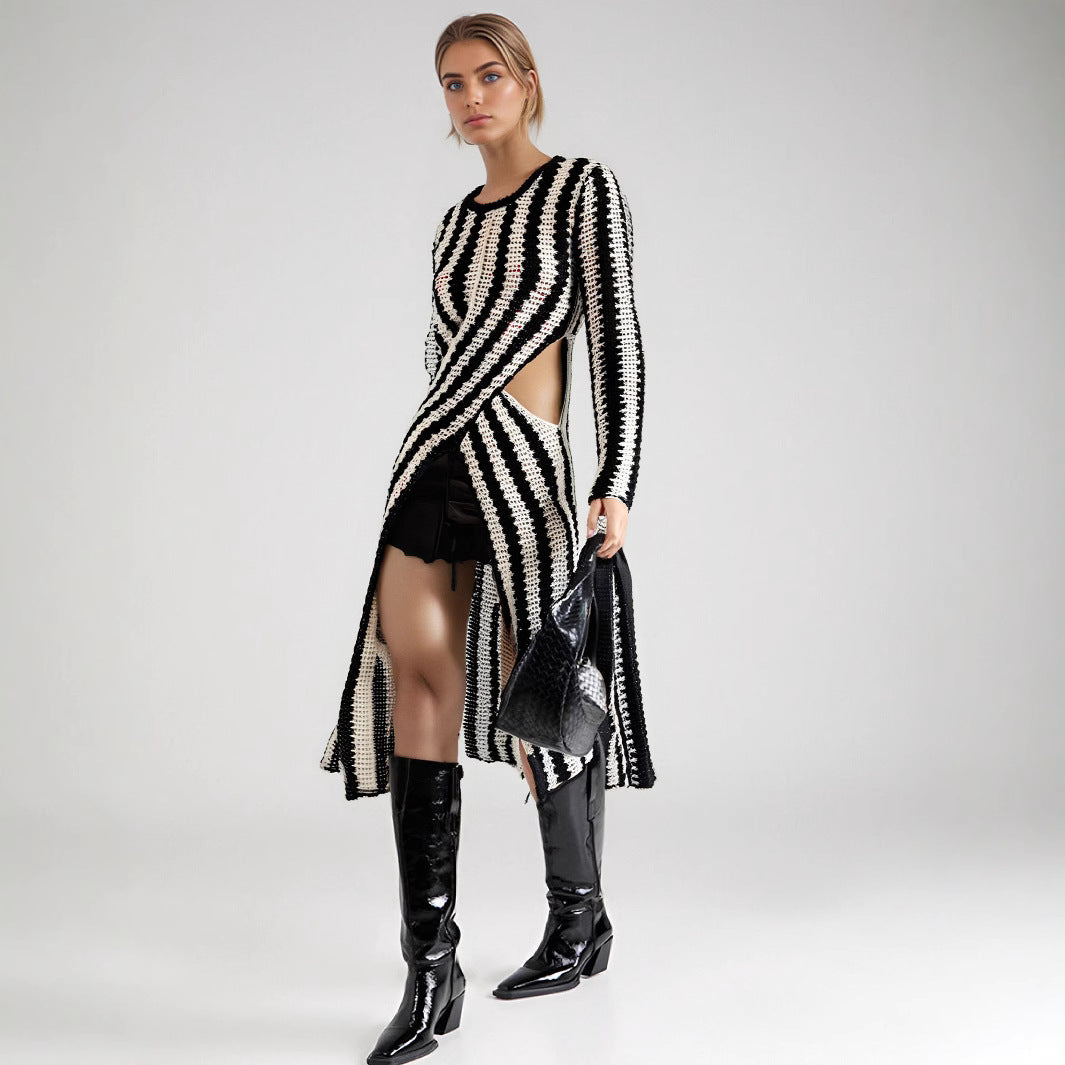 Damen Designer-Strickkleid mit asymmetrischem Schnitt und grafischem Muster WW