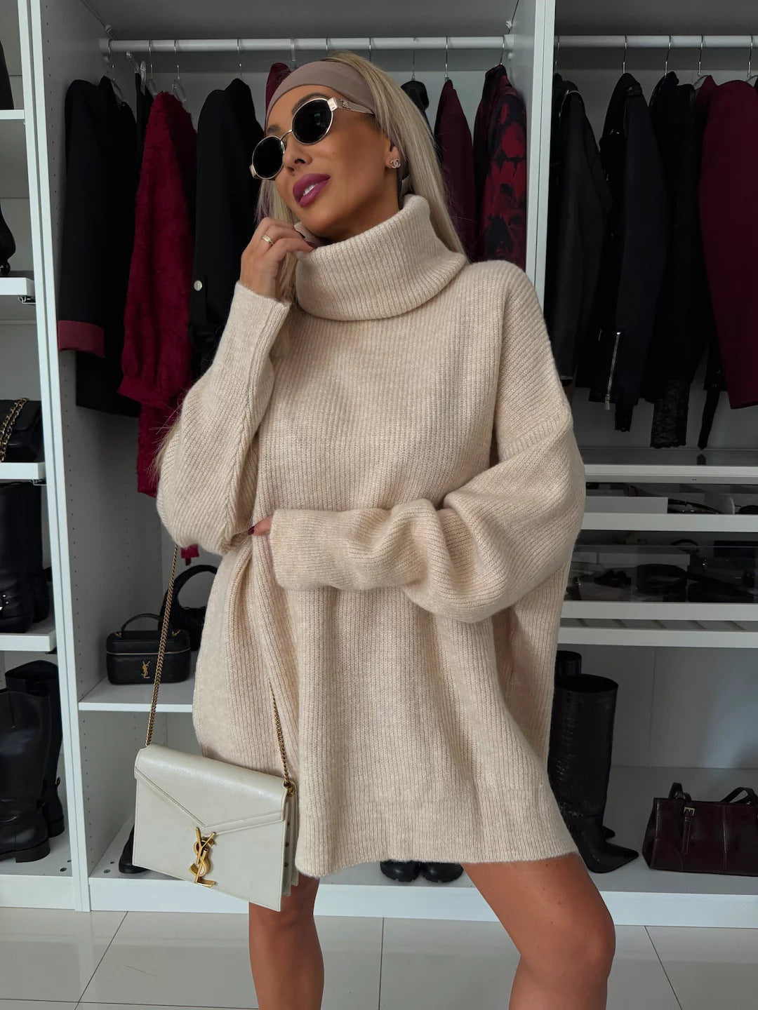 Damen Stylish Oversized Pullover mit hohem Kragen WW