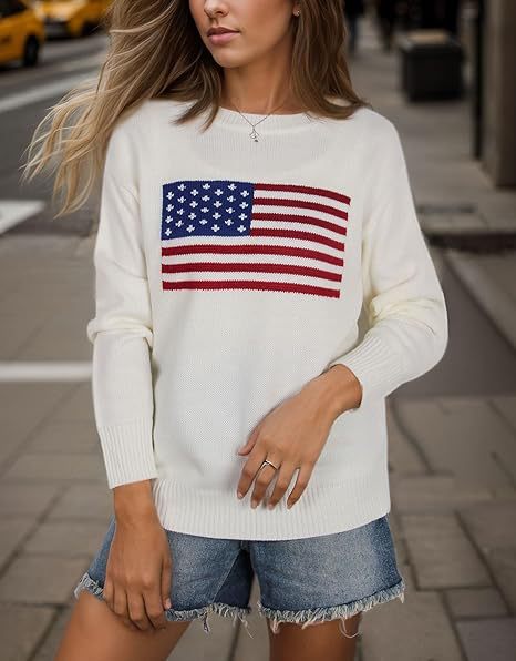 Damen Strickpullover mit Flaggenmotiv und lässigem Schnitt WW