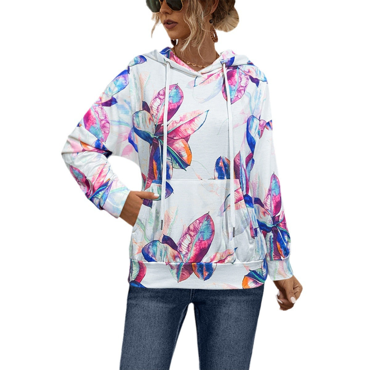 Damen Hoodie mit floralem Design und praktischer Bauchtasche WW