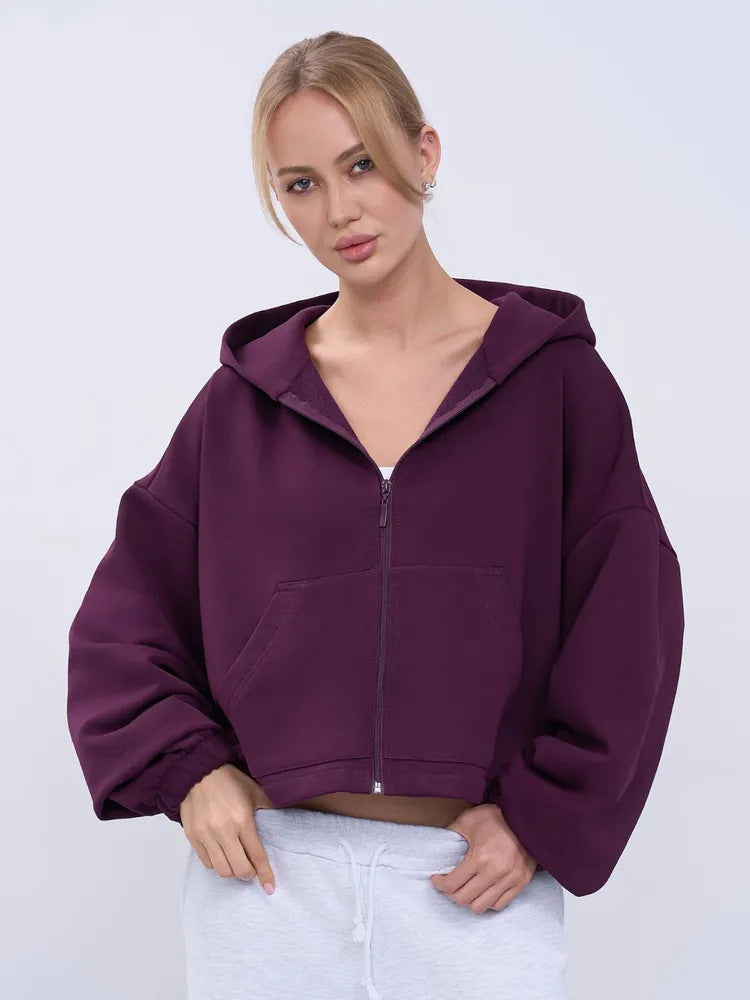 Damen lässiger Kapuzenpullover mit elastischem Bund und tiefem Reißverschluss WW