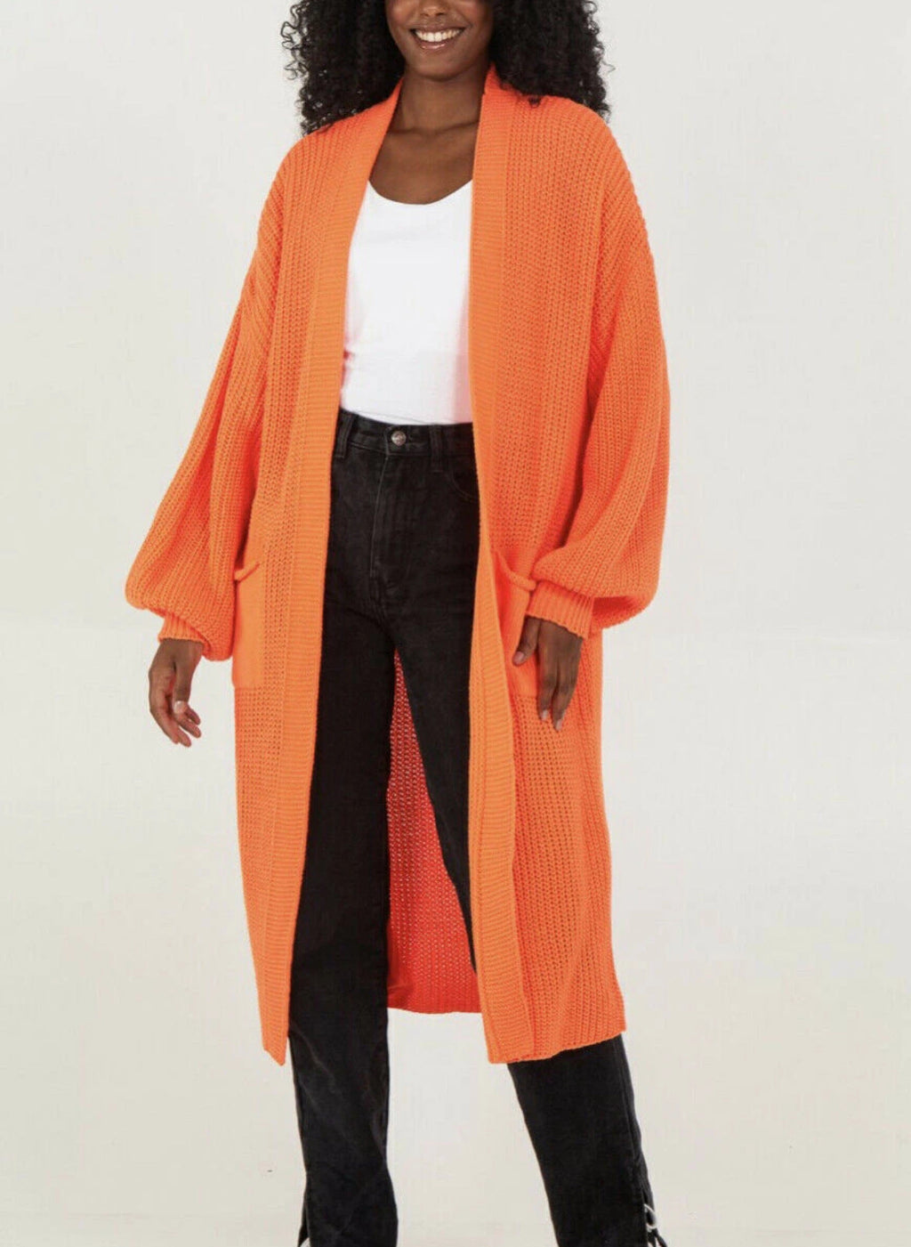 Damen Langer Strickcardigan mit voluminösen Ärmeln und offenem Schnitt WW