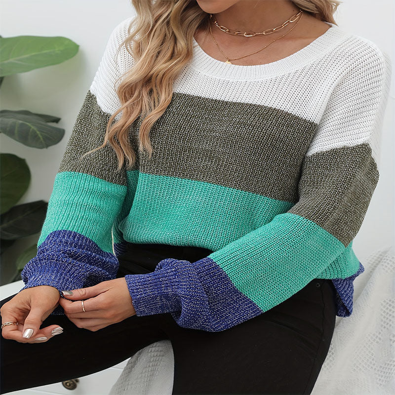 Damen lässiger Strickpullover mit modischem Farbmix und weitem Schnitt WW
