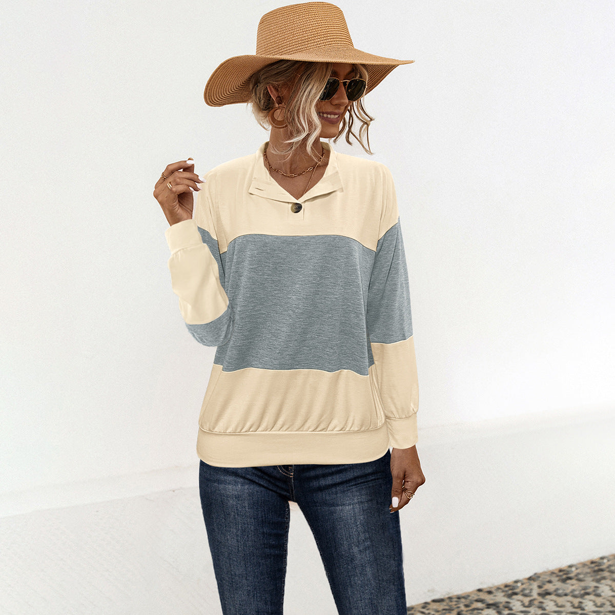 Damen Sportlicher Pullover mit modernem Farbblockdesign und funktionellem Knopf WW