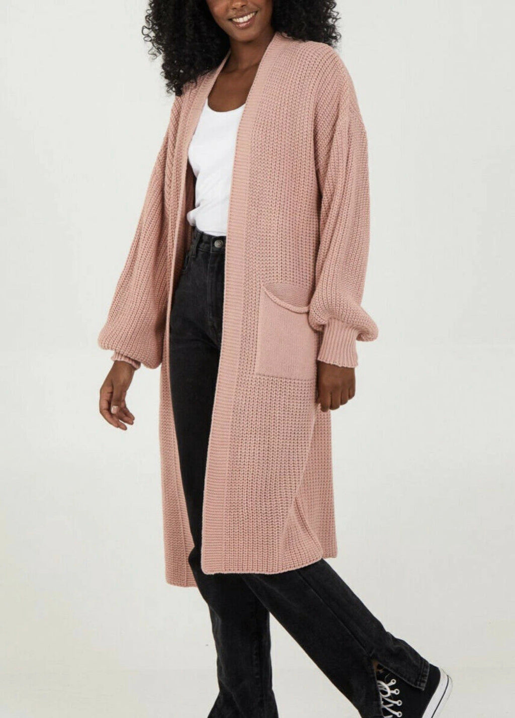 Damen Langer Strickcardigan mit voluminösen Ärmeln und offenem Schnitt WW