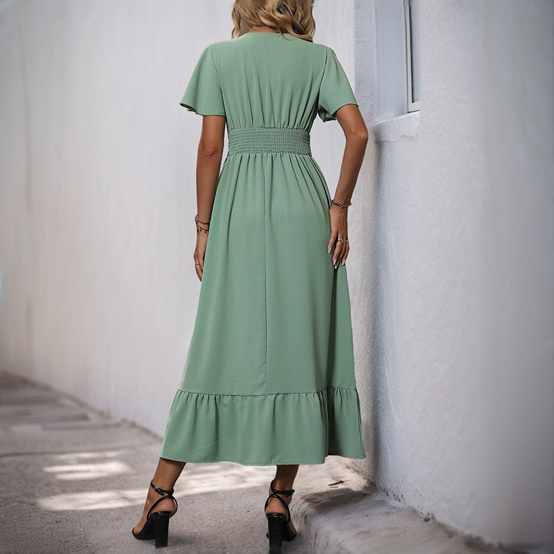 Damen Maxikleid mit schickem V-Ausschnitt, knöpfbarem Oberteil und voluminösem Saum WW
