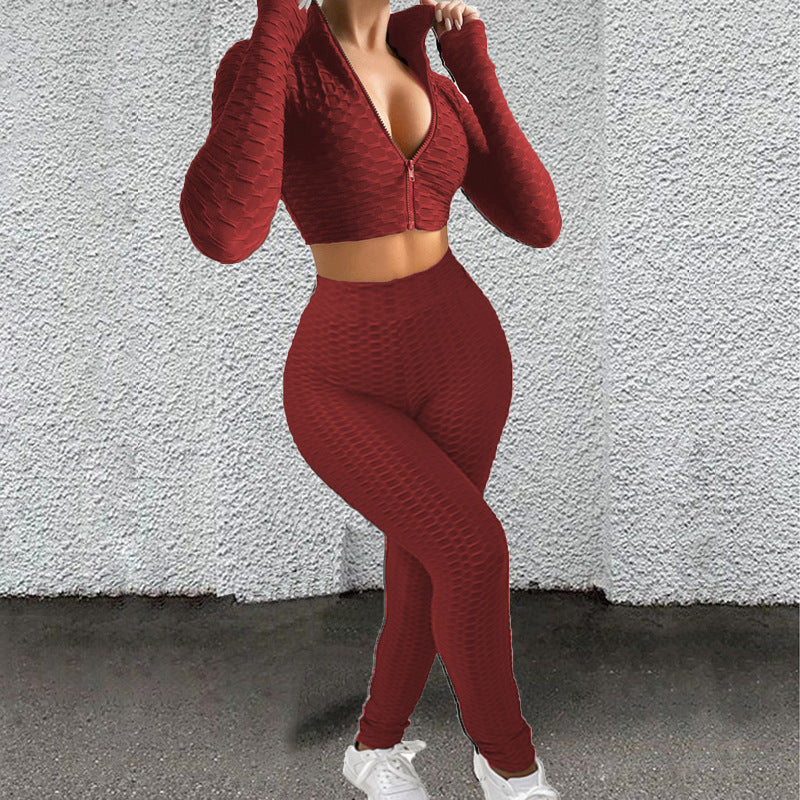 Damen Sportliches Zwei-Teiliges Set mit hochgeschlossenem Reißverschluss und strukturierter Oberfläche WW