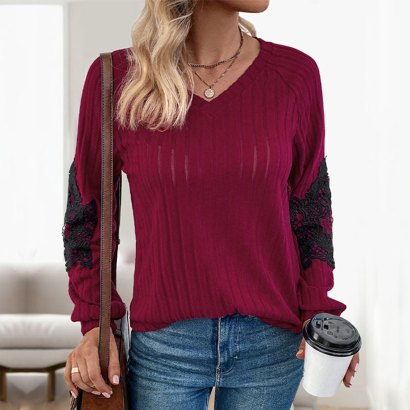 Damen Strickpullover mit Spitzenärmeln und V-Ausschnitt WW