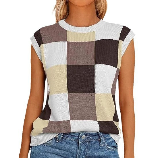 Damen lässiges ärmelloses Pullover-Top mit karierter Musterung WW