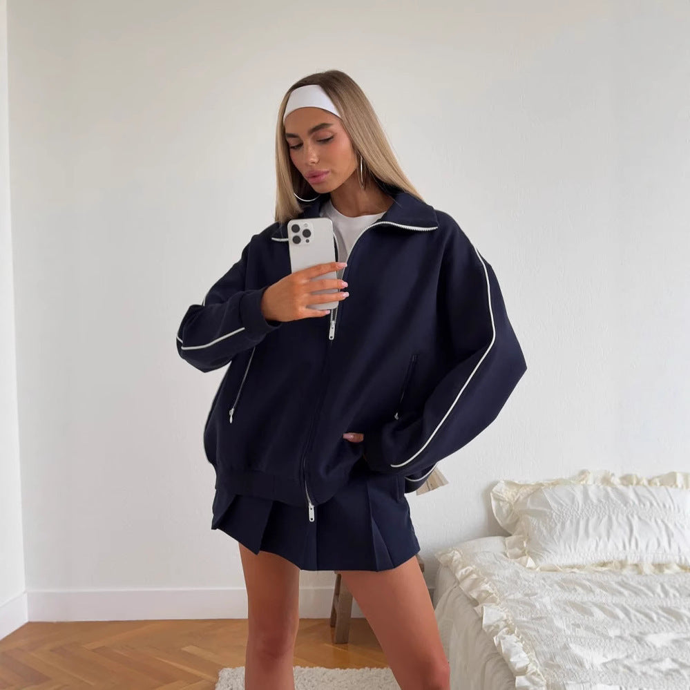 Damen sportliches Oversized Jacken- und Rock-Set mit Reißverschluss und elastischem Bund WW
