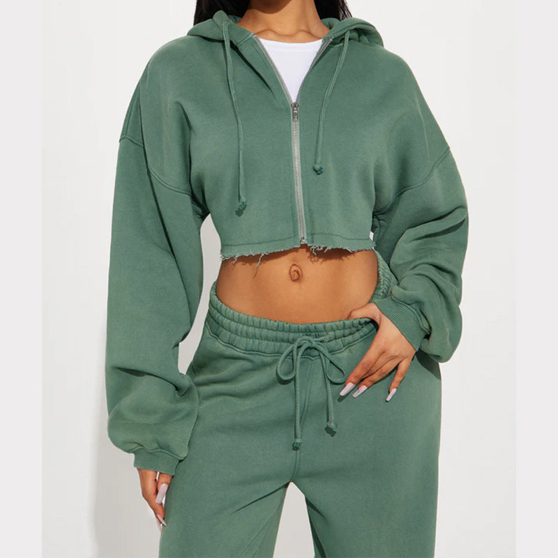 Damen lässiges Fleece-Set mit kurzem Hoodie und weiten Hosen WW