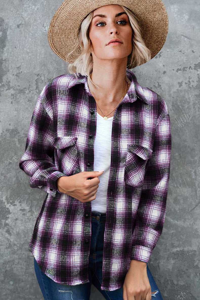 Damen Karierte Flanellbluse mit Brusttaschen und bequemer Passform WW
