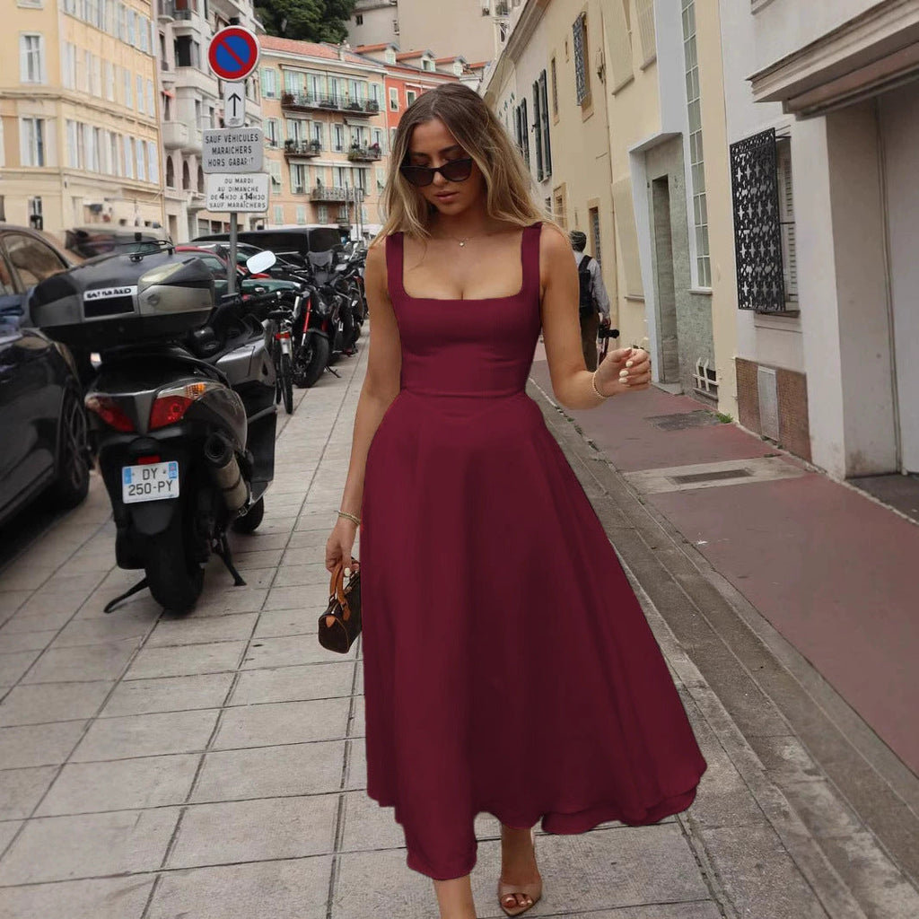 Damen A-Linien Maxikleid mit quadratischem Ausschnitt und fließendem Stoff WW