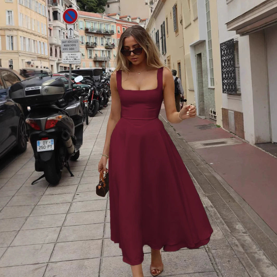 Damen A-Linien Maxikleid mit quadratischem Ausschnitt und fließendem Stoff WW