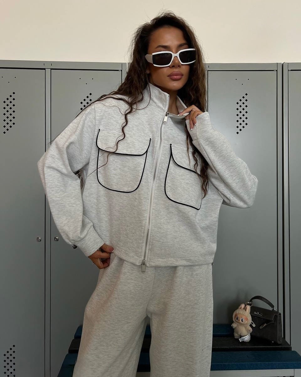 Damen sportliches Fleece-Set mit modischen Kontrasten und praktischen Taschen WW
