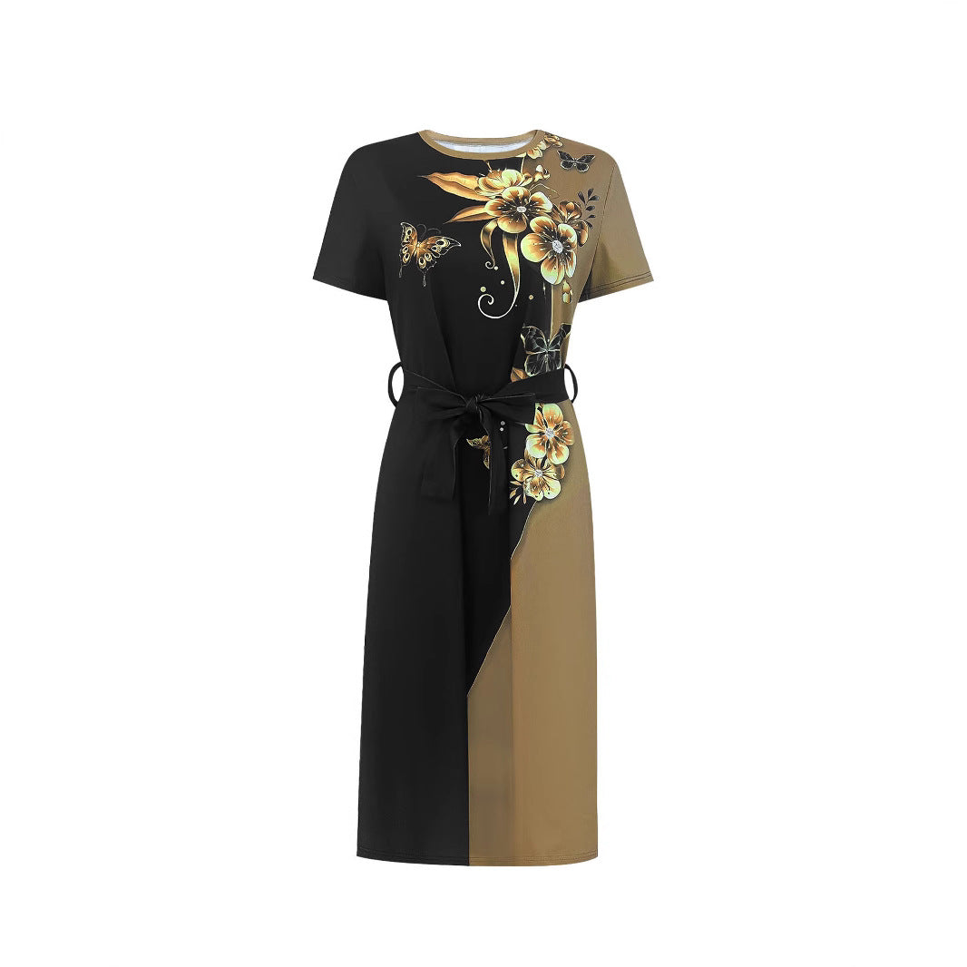 Damen Kleid mit floralem Design und seitlichem Gürtel WW