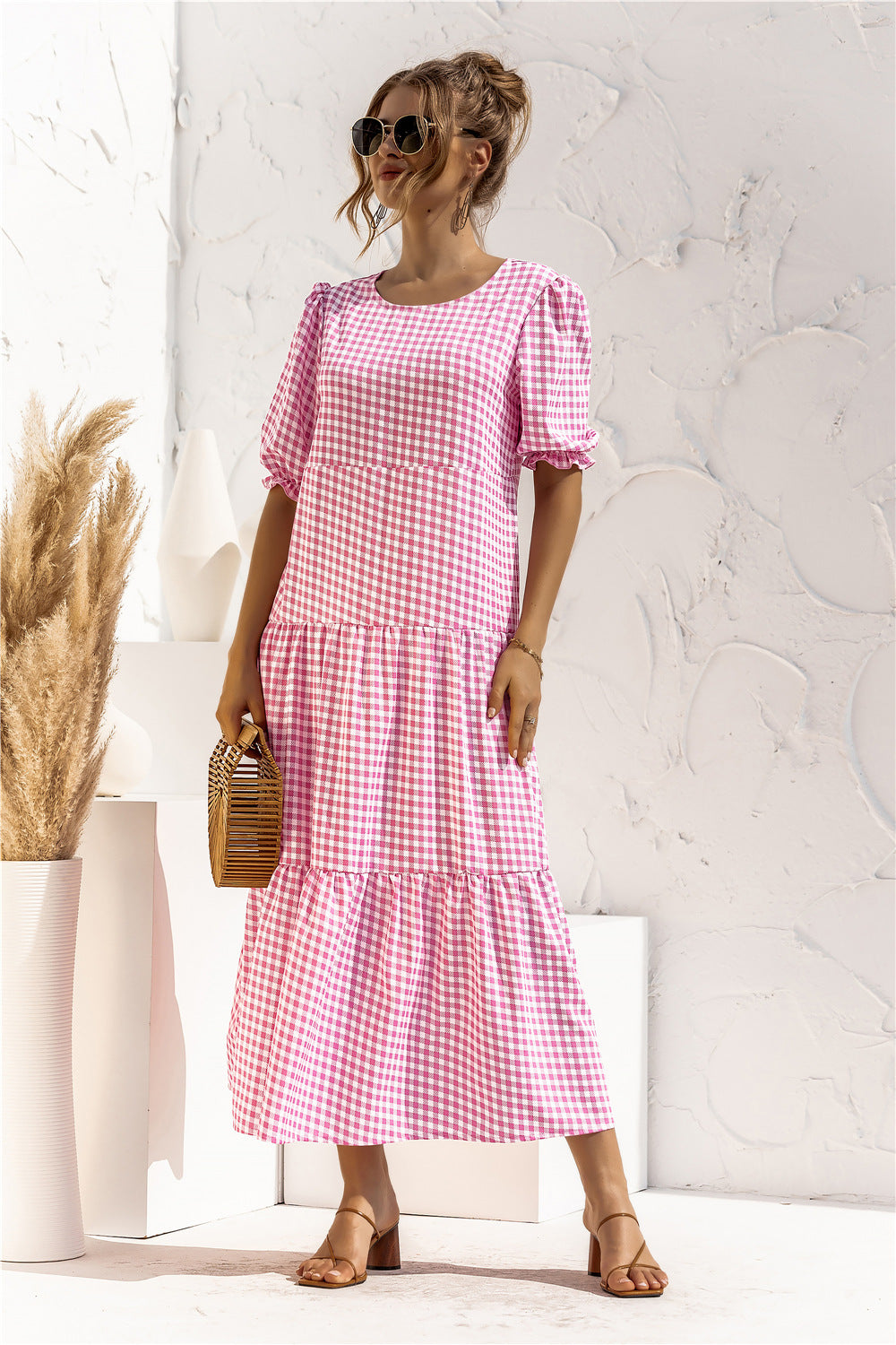 Damen Maxikleid mit Karomuster und voluminösen Puffärmeln WW