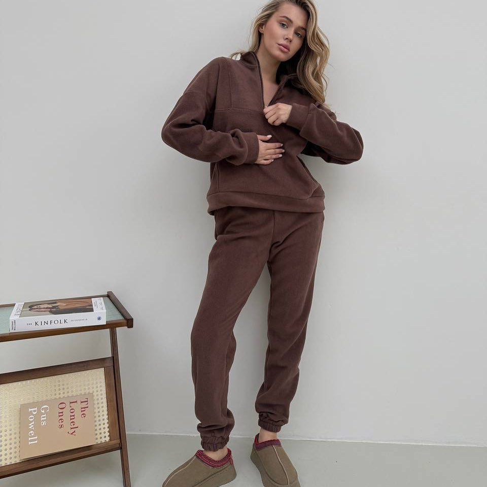 Damen gemütliches Fleece-Hoodie-Set mit hohem Kragen und praktischen Taschen WW