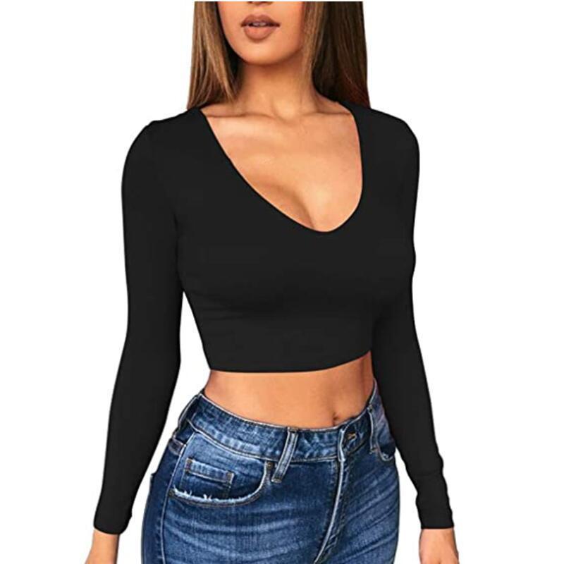 Damen modisches Crop-Top mit tiefem V-Ausschnitt und langen Ärmeln WW
